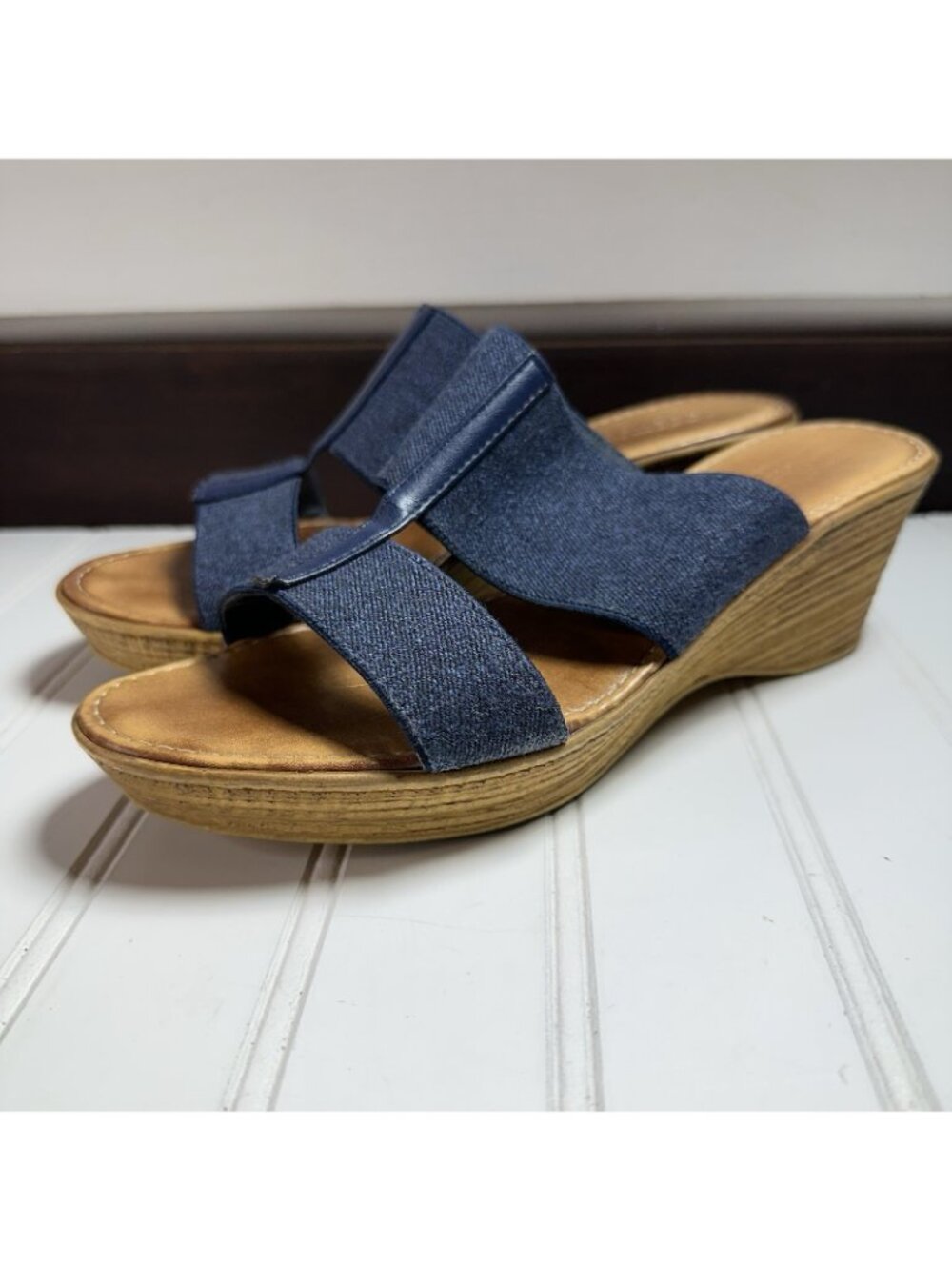 Italian Shoemaker 7.5 Wedge Slip On Open Toe Stretch Elastic Sandals Boho Chic - Picture 2 of 7